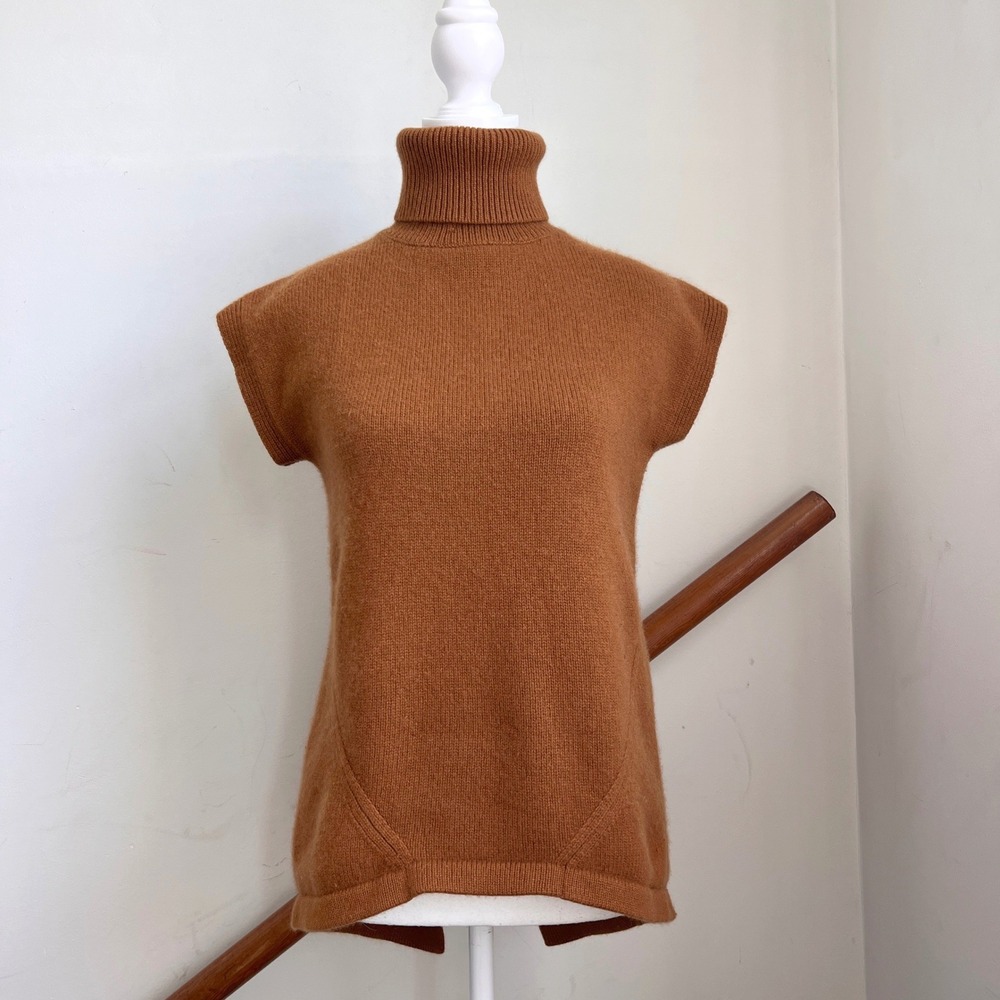 Neiman Marcus 100% Cashmere Sweater Vest Tan Brown Turtleneck Asymmetrical Tunic